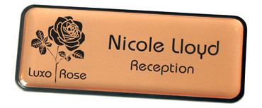 Prestige plastic name badges - Black border and matt rose gold background | www.namebadgesinternational.ie